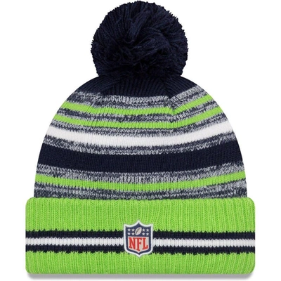 Shop New Era Youth  College Navy/neon Green Seattle Seahawks 2021 Nfl Sideline Sport Pom Cuffed Knit Hat