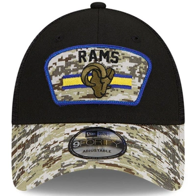 Shop New Era Black/camo Los Angeles Rams 2021 Salute To Service Trucker 9forty Snapback Adjustable Hat