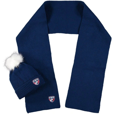 Shop Zoozatz Fc Dallas Fuzzy Cuffed Pom Knit Hat And Scarf Set In Navy
