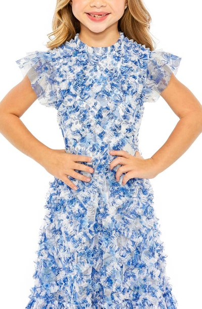 Shop Mac Duggal Kids' Floral Print Ruffle Tulle Dress In Blue Multi