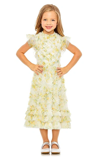 Shop Mac Duggal Kids' Floral Print Ruffle Tulle Dress In Yellow Multi