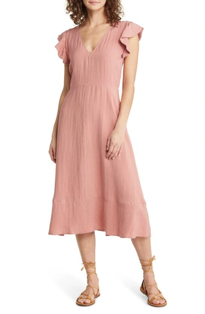 Shop Treasure & Bond Flutter Sleeve V-neck Midi Dress In Pink Desert