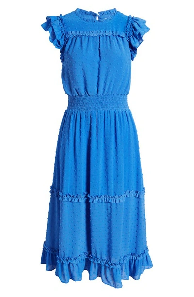 Shop Cece Clip Dot Flutter Sleeve Midi Dress In Tropic Night