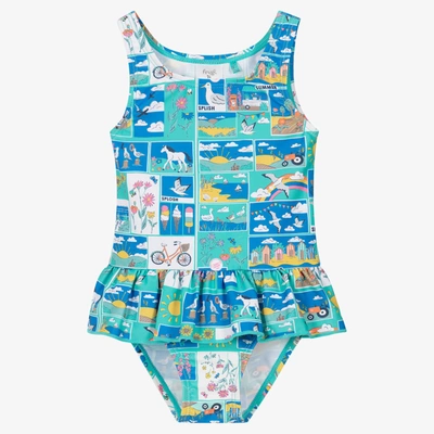 Shop Frugi Girls Blue Postcard Swimsuit (upf50+)
