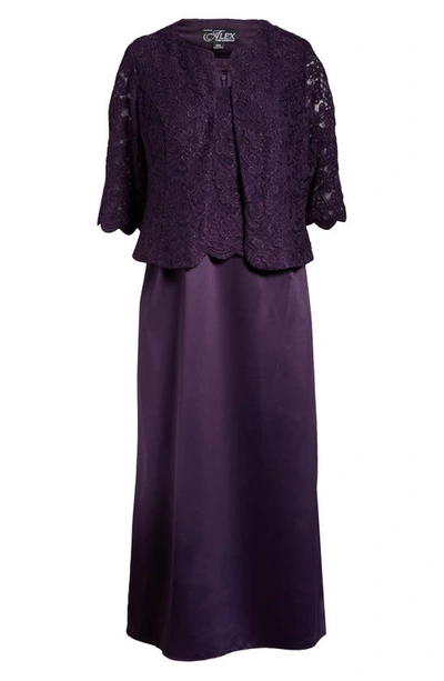 Shop Alex Evenings Embroidered Lace Mock Two-piece Gown With Jacket In Eggplant