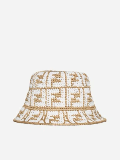 Shop Fendi Ff Crochet Cotton-blend Hat In Beige
