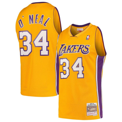 Shop Mitchell & Ness Shaquille O'neal Gold Los Angeles Lakers Hardwood Classics Swingman Jersey