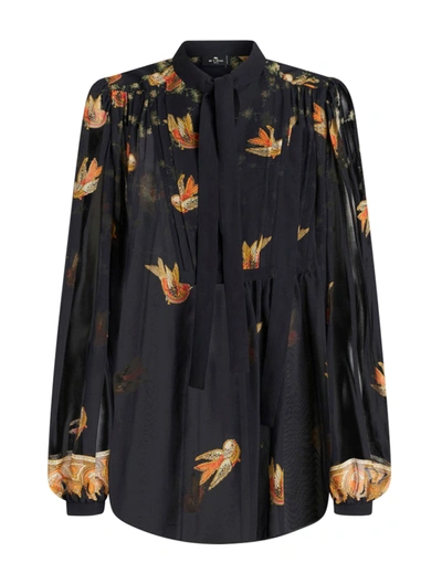 Shop Etro Georgette Top With Printed Birds In Multicolour