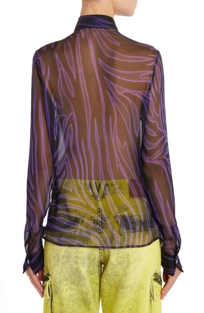 Shop Versace Sheer Zebra Stripe Silk Chiffon Button-up Shirt In Black Orchid
