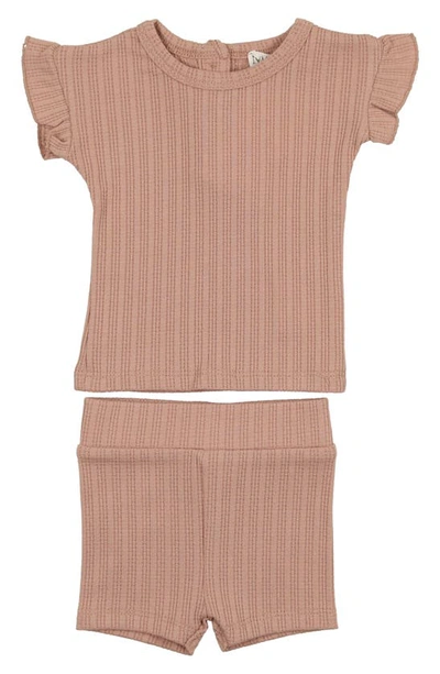 Maniere Rib Ruffle Sleeve Cotton Knit T-shirt & Shorts Set In Mauve