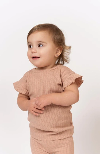 Maniere Rib Ruffle Sleeve Cotton Knit T-shirt & Shorts Set In Mauve