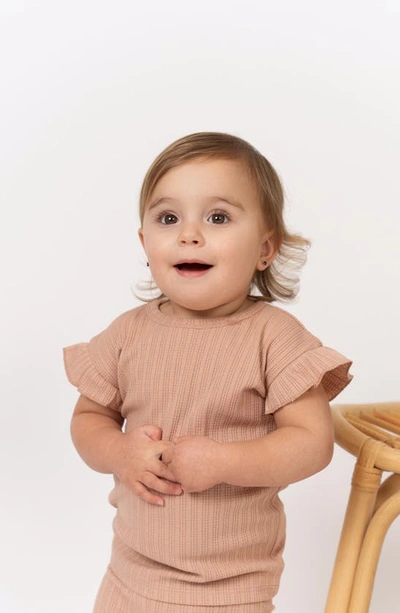 MANIERE MANIÈRE RIB RUFFLE SLEEVE COTTON KNIT T-SHIRT & SHORTS SET 