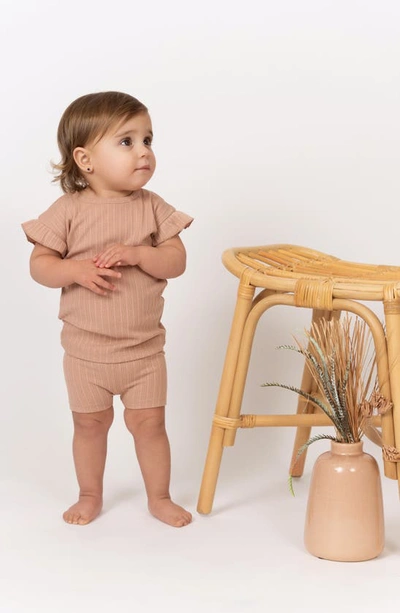 Maniere Rib Ruffle Sleeve Cotton Knit T-shirt & Shorts Set In Mauve