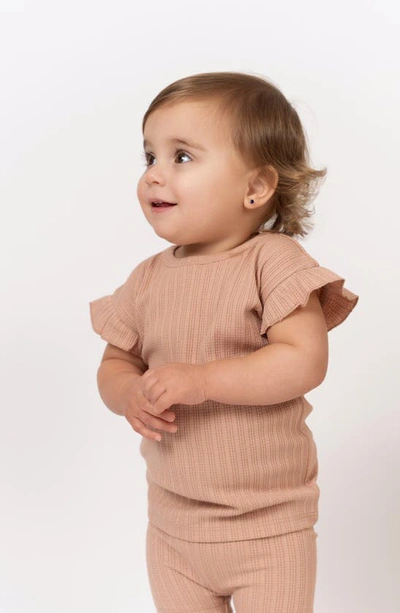 Maniere Rib Ruffle Sleeve Cotton Knit T-shirt & Shorts Set In Mauve