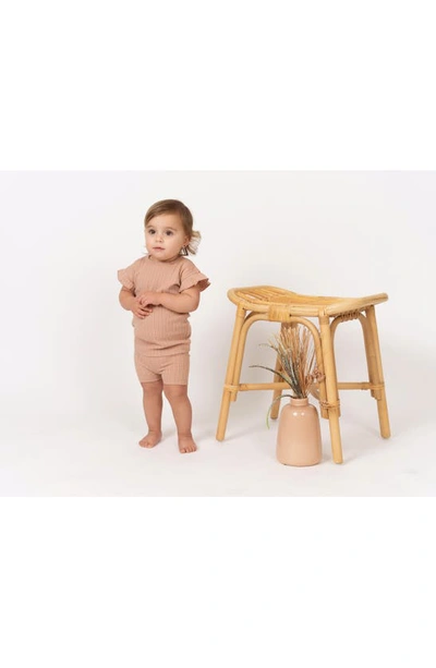 Maniere Rib Ruffle Sleeve Cotton Knit T-shirt & Shorts Set In Mauve