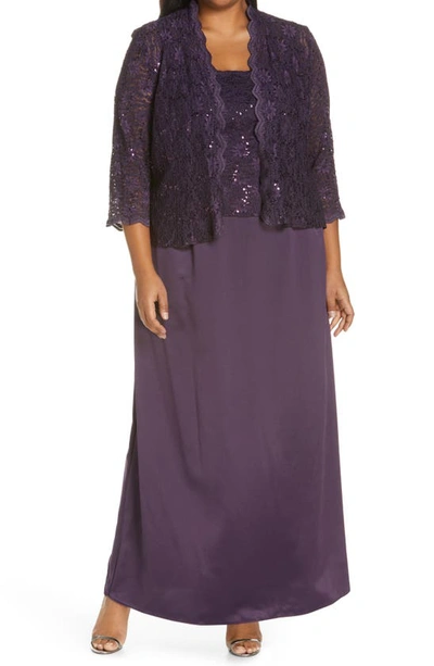 Shop Alex Evenings Alex Evening A-line Gown & Lace Jacket In Eggplant