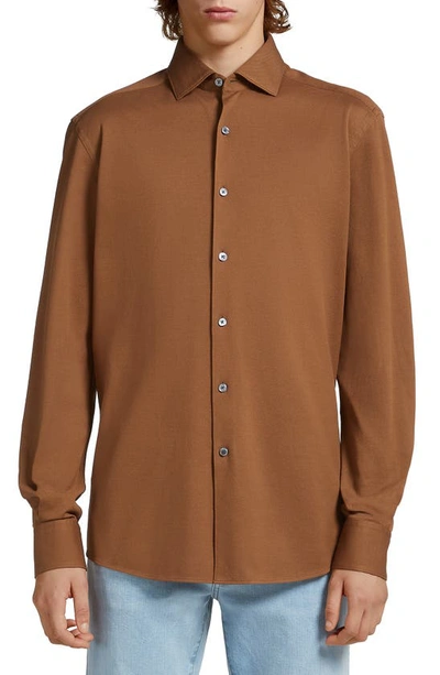 Shop Zegna Cotton Jersey Button-up Shirt In Vicuna