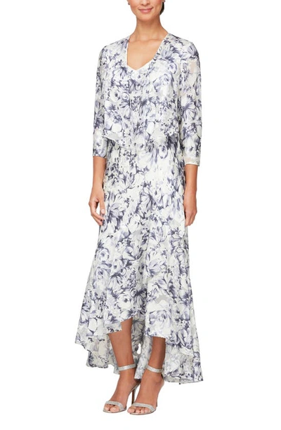 Shop Alex Evenings Floral Print Chiffon Gown With Jacket In Ivory/ Purple