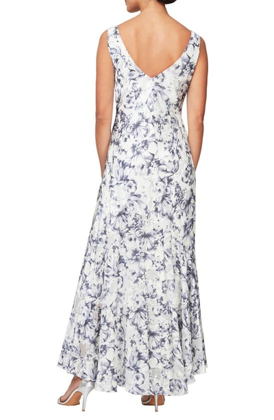Shop Alex Evenings Floral Print Chiffon Gown With Jacket In Ivory/ Purple