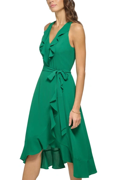 Kensie Ruffle Trim Faux Wrap Dress In Trop Green