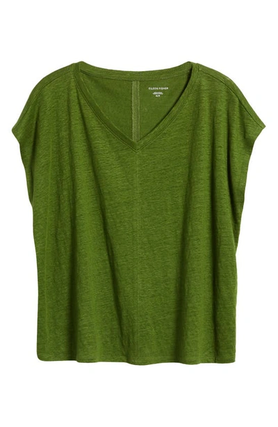 Shop Eileen Fisher V-neck Organic Linen T-shirt In Field