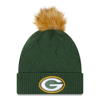 Shop New Era Green Green Bay Packers Snowy Cuffed Knit Hat With Pom