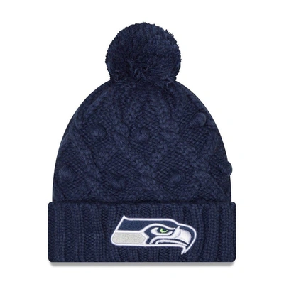 Shop New Era Girls Youth  College Navy Seattle Seahawks Toasty Cuffed Knit Hat With Pom