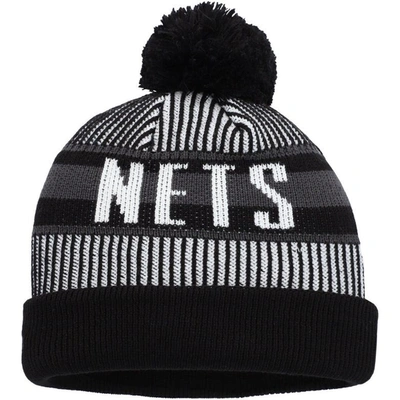 Shop New Era Youth   Black Brooklyn Nets Stripe Cuffed Knit Hat With Pom