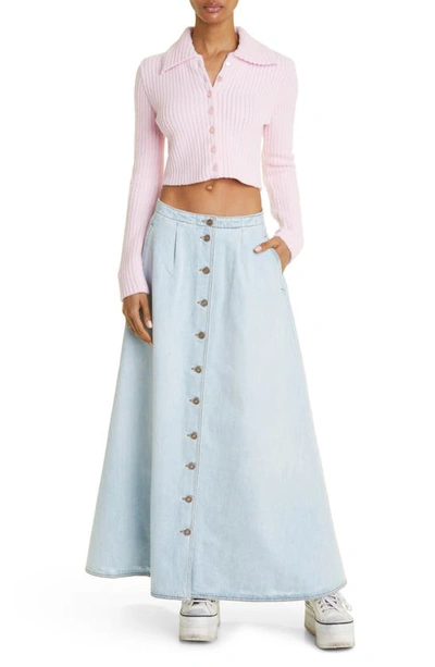 Shop Erl Cowgirl Button-up Denim Maxi Skirt In Light Blue