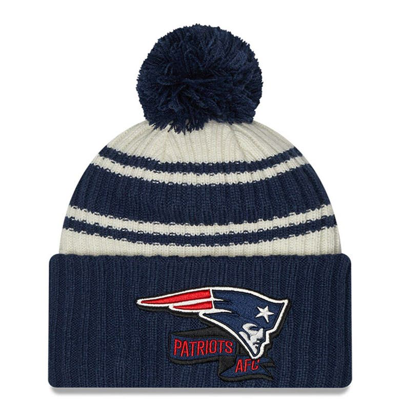Shop New Era Youth   Cream/navy New England Patriots 2022 Sideline Sport Cuffed Pom Knit Hat