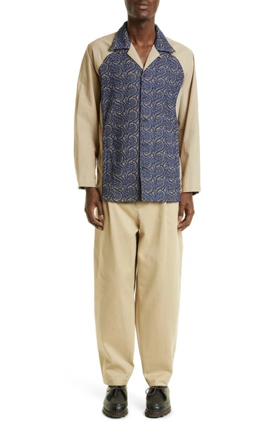Shop Nicholas Daley Embroidered Raglan Sleeve Button-up Shirt In Beige / Navy