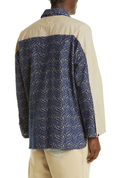 Shop Nicholas Daley Embroidered Raglan Sleeve Button-up Shirt In Beige / Navy