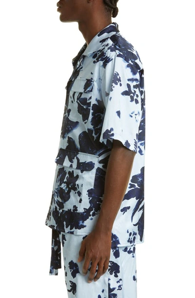 Shop Nicholas Daley Calypso Short Sleeve Button-up Camp Shirt In Ice Blue / Navy