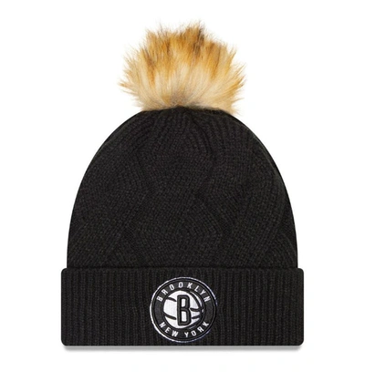 Shop New Era Black Brooklyn Nets Snowy Cuffed Knit Hat With Pom