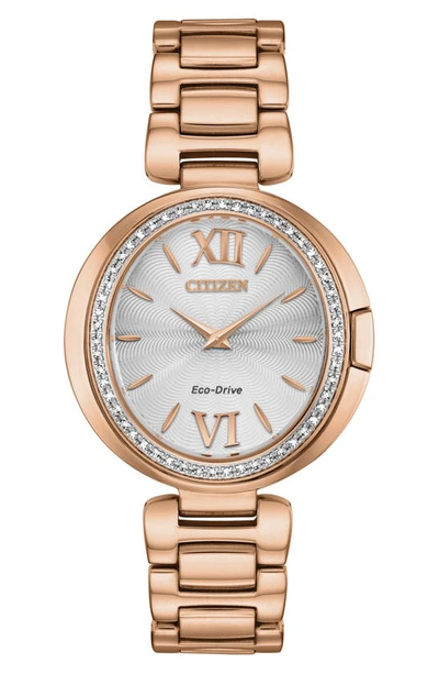 Shop Citizen Capella Collection Eco-drive Diamond Bezel Bracelet Watch, 34mm In Rose Gold