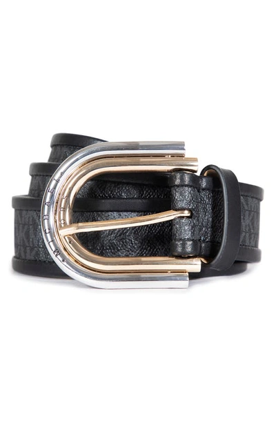 Shop Michael Kors Two-tone Logo Belt In Black/ Gold