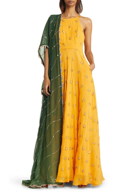 Shop Sani Nila Anarkali With Dupatta In Marigold/ Green Dupatta