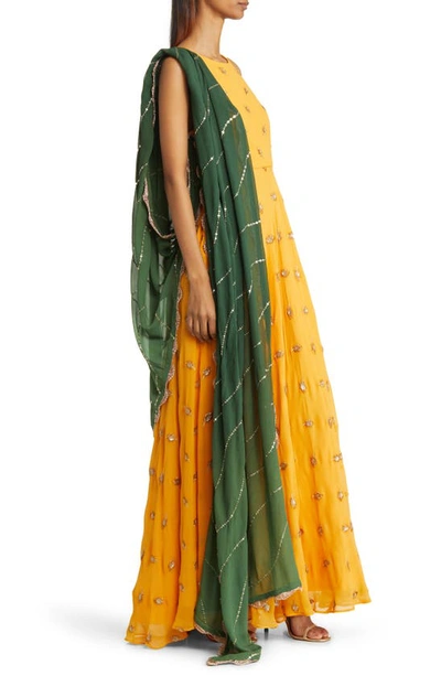Shop Sani Nila Anarkali With Dupatta In Marigold/ Green Dupatta
