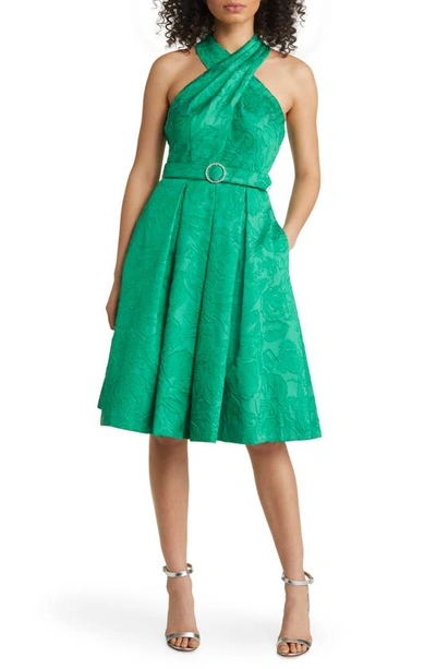 Shop Eliza J Halter Neck Jacquard Cocktail Dress In Green
