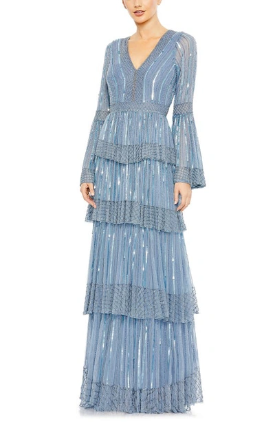 Shop Mac Duggal Sequin Stripe Long Sleeve Tiered Ruffle Gown In Blue