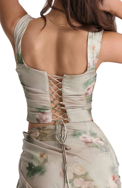 Shop House Of Cb Una Floral Cowl Neck Lace-up Corset Top In Print 2 Flower Cream