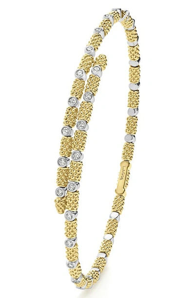 Lagos 18k White & Yellow Gold Signature Caviar Diamond Superfine Cuff Coil Bracelet In Gold