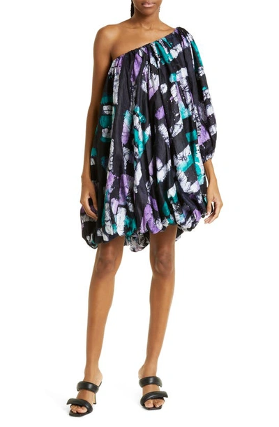 Shop Busayo Adufe One-shoulder Bubble Hem Dress In Teal/ Lilac/ White