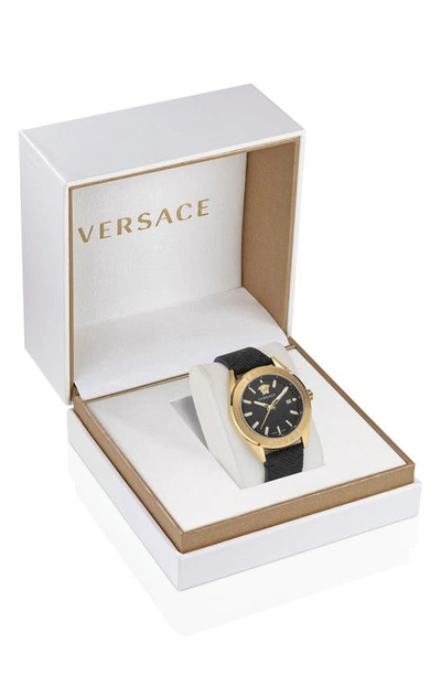 Shop Versace V-code Leather Strap Watch, 42mm In Ip Yellow Gold