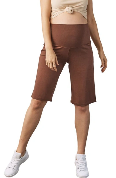 Shop Angel Maternity Wide Leg Knit Maternity Shorts In Brown