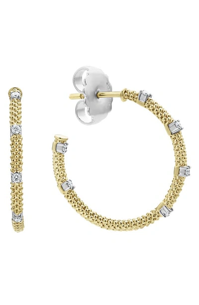 Lagos 18k Gold Superfine Caviar Beaded Diamond Hoop Earrings In Gold