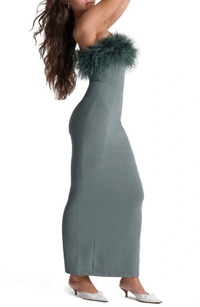 House Of Cb Strapless Feather Bodice Crepe Maxi Dress In Dark Eucalyptus