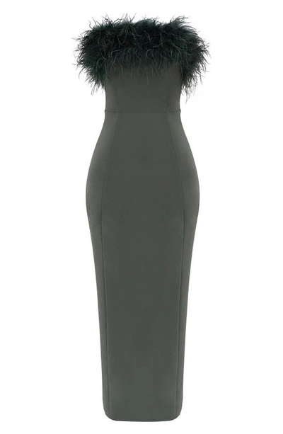 House Of Cb Strapless Feather Bodice Crepe Maxi Dress In Dark Eucalyptus