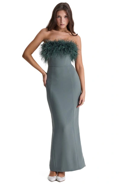 House Of Cb Strapless Feather Bodice Crepe Maxi Dress In Dark Eucalyptus