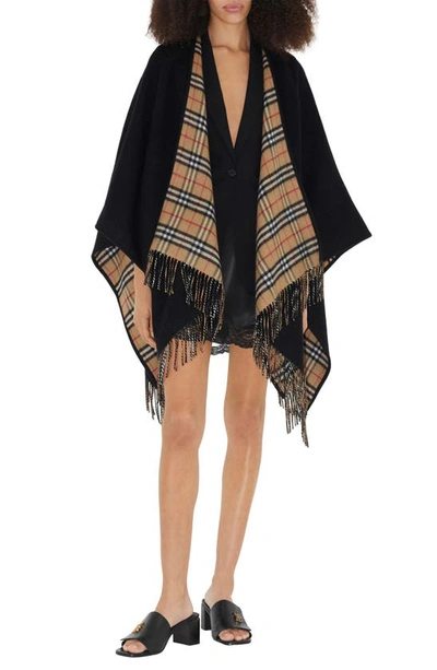 Shop Burberry Check Reversible Wool Cape In Black